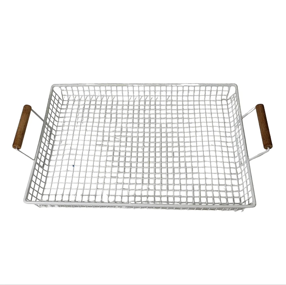 Vintage White Wire Mesh Paper Basket Tray With‎ Turned Wood Handles